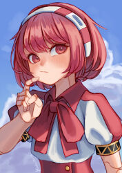  1girl :/ android artist_name blue_sky blush bow bowtie closed_mouth cloud collared_shirt day dorothy_haze finger_to_own_chin hairband hakai_no_ika hand_up highres joints looking_at_viewer outdoors puffy_short_sleeves puffy_sleeves red_bow red_bowtie red_eyes red_hair red_hairband robot_joints shirt short_hair short_sleeves sky solo striped_clothes striped_hairband upper_body va-11_hall-a white_hairband white_shirt 