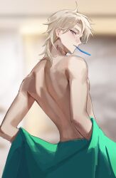  1boy aimitkkays aventurine_(honkai:_star_rail) back blonde_hair blurry blurry_background clothes_down from_behind highres honkai:_star_rail honkai_(series) long_hair male_focus neck_tattoo pink_eyes ringed_eyes short_hair solo sweat tattoo toothbrush_in_mouth very_long_hair 