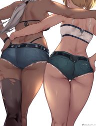  2girls absurdres arm_around_shoulder arm_around_waist ass ass_focus back back_tattoo bandeau bikini black_bikini black_legwear blonde_hair blue_shorts caenis_(fate) commentary cutoffs dark-skinned_female dark_skin dimples_of_venus fate/grand_order fate_(series) female_focus from_behind green_shorts highres kneepits leg_tattoo long_hair low_ponytail mordred_(fate) mordred_(fate/apocrypha) mordred_(memories_at_trifas)_(fate) multiple_girls queasy_s short_hair short_shorts shorts silver_hair simple_background single_thighhigh swimsuit tattoo thigh_gap thighhighs thong_bikini torn_clothes torn_legwear tramp_stamp twitter_username white_background  rating:Questionable score:210 user:danbooru