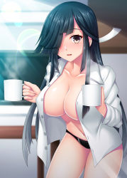 1girl absurdres black_hair black_panties blush breasts buttons cleavage collarbone collared_shirt commission cowboy_shot cup hair_over_one_eye hair_ribbon hayashimo_(kancolle) highres holding holding_cup kantai_collection large_breasts long_hair long_sleeves navel open_clothes open_mouth open_shirt panties pixiv_commission ribbon ruin_re_birth shirt smile solo underwear white_ribbon white_shirt yellow_eyes rating:Sensitive score:17 user:danbooru