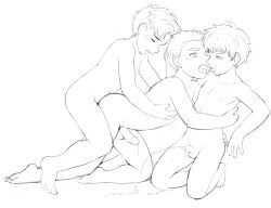 3boys absurdres age_difference anal cum cum_in_ass drooling fairwind foreskin greyscale group_sex highres kiss male_focus male_penetrated mmm_threesome monochrome multiple_boys nude penis saliva sex shota sketch smaller_dominant threesome tongue tongue_out uncensored yaoi rating:Explicit score:146 user:harucho