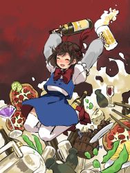  1girl ^_^ alcohol arms_up asama_isami barrel beer beer_bottle beer_mug blue_skirt blue_vest blush bow bowtie brown_hair buttons closed_eyes commentary_request cup drinking_glass drunk foam food footwear_bow frilled_sleeves frills fruit gradient_background grey_shirt happy highres holding holding_cup huge_bowtie kaigen_1025 layered_sleeves legs_up lemon lemon_slice long_sleeves mug necktie necktie_on_head open_mouth pizza puffy_short_sleeves puffy_sleeves red_background red_bow red_bowtie red_footwear red_necktie shirt short_hair short_over_long_sleeves short_sleeves simple_background skirt thighhighs uwabami_breakers vest white_shirt white_thighhighs wine wine_glass zettai_ryouiki 