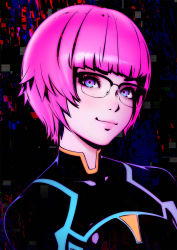  bodysuit ezaki_purin ghost_in_the_shell ghost_in_the_shell:_sac_2045 glasses highres latex latex_bodysuit lips official_art pink_hair purple_eyes short_hair  rating:General score:10 user:tomato42