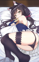 1girl absurdres animal_ear_fluff animal_ears ass bare_shoulders bed_sheet black_hair black_panties black_thighhighs blue_sleeves blush bow cat_ears commentary_request detached_sleeves feet_out_of_frame green_eyes hair_bow highres j_young karyl_(princess_connect!) long_hair low_twintails lying multicolored_hair no_pants no_shoes hugging_object on_side over-kneehighs panties panty_pull parted_lips pillow pillow_hug princess_connect! red_bow shirt sleeveless sleeveless_shirt solo streaked_hair thighhighs twintails underwear very_long_hair white_hair white_shirt rating:Questionable score:53 user:danbooru