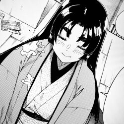 1girl closed_mouth copyright_request facing_viewer greyscale happi highres japanese_clothes kimono monochrome sash smile solo tachibana_roku thick_eyebrows 