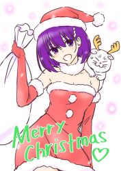  1girl 1other :d alternate_costume antlers ayakashi_triangle bare_shoulders christmas commentary_request dress elbow_gloves english_text eyelashes fake_antlers gloves hair_ornament hairclip happy hat highres horns kanade_suzu merry_christmas official_art open_mouth purple_eyes purple_hair red_dress red_gloves red_headwear reindeer_antlers santa_costume santa_hat shirogane_(ayatora) short_hair simple_background sketch smile white_background yabuki_kentarou 