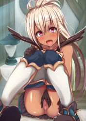 10s 1girl anus bad_id bad_pixiv_id bare_shoulders blush censored dark-skinned_female dark_skin gloves granblue_fantasy hair_between_eyes indoors long_hair looking_at_viewer mosaic_censoring open_mouth pussy red_eyes sitting solo spread_pussy sweat tachihaya_hiro white_hair zooey_(granblue_fantasy) rating:Explicit score:19 user:danbooru