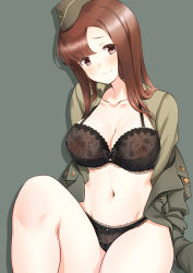 1girl a9b_(louis814) absurdres black_bra black_panties blush bra breasts cleavage collarbone grace_maitland_steward hat highres lace lace-panties lace_bra large_breasts lingerie long_hair luminous_witches military military_uniform nipples nipples_visible_through_clothes open_clothes panties red_eyes red_hair simple_background smile solo tagme underwear uniform united_states world_witches_series rating:Explicit score:18 user:BornToFap