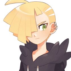 1boy ahoge black_shirt blonde_hair closed_mouth commentary_request creatures_(company) daifuku_(pokefuka_art) ear_piercing game_freak gladion_(pokemon) green_eyes grey_vest hair_over_one_eye hood hood_down hooded_vest hoodie looking_to_the_side male_focus nintendo piercing pokemon pokemon_sm shirt solo tassel upper_body vest white_background 