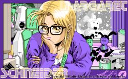 1990s_(style) 1995 1girl blonde_hair can character_name company_name doll drink_can earrings game_cg glasses indoors jewelry looking_at_viewer margaret_schneider_(power_dolls) matching_hair/eyes megatech_software pixel_art ponytail power_dolls_(game) retro_artstyle soda_can solo tagme yellow_eyes