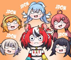 6+girls :d ahoge anger_vein animal_ears annoyed black_hair blank_eyes blonde_hair blue_hair blush bsetdayo chibi collar commentary demon_horns dice_hair_ornament disembodied_head english_commentary fang flower frown gradient_background grey_hair hair_flower hair_ornament hairband hakos_baelz highres hololive hololive_dev_is hololive_english hololive_indonesia horns kaela_kovalskia key kobo_kanaeru laughing long_hair low_twintails meme mole mole_under_eye mouse_ears mouse_girl multicolored_hair multiple_girls nerissa_ravencroft open_mouth orange_background pink_hair red_hair sakura_miko short_hair smile spiked_collar spikes streaked_hair todoroki_hajime twintails v-shaped_eyebrows virtual_youtuber white_hair