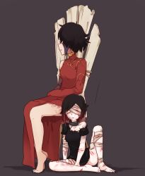 2girls asymmetrical_clothes bad_end bandages barefoot beaten black_hair blindfold blood bone bruise chair cinder_fall collar collarbone cuts dress gold_trim gradient_hair highres hiwonoafu injury looking_away looking_to_the_side multicolored_hair multiple_girls no_shoes panties red_hair ruby_rose rwby scar scratches short_hair slave torn_clothes two-tone_hair underwear rating:Sensitive score:67 user:danbooru