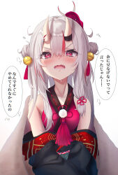  1girl absurdres angry bare_shoulders bell blush breasts center-flap_bangs collarbone commentary_request crying crying_with_eyes_open demon_girl demon_horns detached_sleeves double_bun eyelashes eyes_visible_through_hair fangs grey_hair hair_bell hair_between_eyes hair_bun hair_ornament heavy_breathing highres hololive horns jingle_bell long_hair looking_at_viewer lower_teeth_only mask mask_on_head medium_breasts messy_hair multicolored_hair nakiri_ayame oni_mask open_mouth pink_shirt pom_pom_(clothes) red_eyes red_hair sad setsubun shirt sidelocks simple_background skin-covered_horns skin_fangs sleeveless sleeveless_shirt solo speech_bubble straight_hair streaked_hair streaming_tears tearing_up tears teeth terra_bose translation_request tsurime two_side_up upper_body v-shaped_eyebrows virtual_youtuber wavy_mouth white_background wide_sleeves 