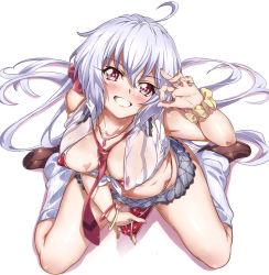 10s 1girl ahoge areola_slip between_breasts bikini bikini_pull bikini_under_clothes blush breasts brown_footwear clothes_pull collarbone commentary_request covered_erect_nipples fellatio_gesture fingernails from_above front-tie_top full_body grin heart heart-shaped_pupils jewelry large_breasts leg_warmers loafers long_hair looking_at_viewer looking_up lydian_academy_school_uniform micro_bikini navel necklace necktie niko_(tama) purple_eyes red_bikini revision ring school_uniform scrunchie senki_zesshou_symphogear shiny_skin shoes silver_hair sitting sleeveless smile solo swimsuit symbol-shaped_pupils teeth twintails very_long_hair wariza wrist_scrunchie yukine_chris rating:Questionable score:57 user:danbooru