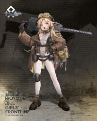  1girl ankle_boots as109 backpack bag bare_shoulders black_choker black_gloves blonde_hair boots brown_bag brown_coat brown_footwear brown_headwear browning_m1919 buckle character_name chin_strap choker coat commentary copyright_name english_commentary full_body girls&#039;_frontline gloves goggles goggles_on_headwear grey_leotard gun hair_ornament hairclip headset helmet highres holding holding_gun holding_weapon knee_pads knife knife_sheath leotard light_blush long_hair long_sleeves m1919a4_(girls&#039;_frontline) m1919a4_(mod3)_(girls&#039;_frontline) machine_gun medium_machine_gun no_pants off_shoulder official_alternate_costume official_art open_mouth over_shoulder pantyhose parted_bangs pouch red_eyes second-party_source sheath single_knee_pad snap-fit_buckle solo standing two-sided_coat two-sided_fabric weapon weapon_over_shoulder white_pantyhose yellow-framed_eyewear zipper zipper_leotard zipper_pull_tab 