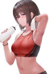 1girl aos arm_up armpits blush bottle bracelet breasts brown_hair closed_mouth commentary drinking earrings highres holding holding_bottle jewelry looking_at_viewer medium_breasts navel original purple_eyes short_hair simple_background solo sports_bra stomach sweat towel towel_around_neck upper_body white_background rating:Sensitive score:68 user:danbooru