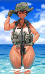 1girl absurdres assault_rifle black_hair blue_sky body_armor boonie_hat breasts brown_eyes convenient_censoring daewoo_k1 day gun highres hitch_(perotoss) large_breasts looking_at_viewer military nude ocean one-piece_tan original outdoors paid_reward_available parted_lips republic_of_korea_army rifle sharp_teeth shiny_skin short_hair sky smile solo standing tan tanline teeth tomboy weapon wet rating:Questionable score:90 user:danbooru
