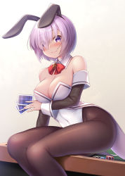  1girl alternate_costume animal_ears black_pantyhose breasts card casino_card_table coin commission covered_navel detached_collar detached_sleeves fake_animal_ears fate/grand_order fate_(series) hair_over_one_eye large_breasts leotard mash_kyrielight nullken pantyhose playboy_bunny playing_card purple_eyes purple_hair rabbit_ears sitting sitting_on_table skeb_commission smile table 