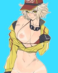  10s 1girl ban!_(bansankan) baseball_cap bikini bikini_bottom_aside bikini_tan bikini_top_aside bikini_top_only bikini_under_clothes black_gloves blonde_hair blue_background blush bottomless breasts cidney_aurum cleavage clothing_aside cropped_jacket dirty dirty_face final_fantasy final_fantasy_xv gloves goggles goggles_around_neck hat highres jacket large_breasts looking_at_viewer navel nipples open_clothes open_jacket out-of-frame_censoring short_hair simple_background smile solo swimsuit swimsuit_aside swimsuit_under_clothes tan tanline upper_body yellow_eyes  rating:Questionable score:181 user:danbooru