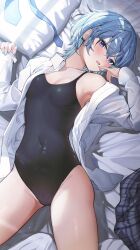  1girl bed_sheet blue_eyes blue_hair blue_nails blue_necktie blush breasts competition_swimsuit covered_navel hair_between_eyes highres hololive hoshimachi_suisei looking_at_viewer lying necktie on_back one-piece_swimsuit open_mouth plaid sanada_keisui shirt short_hair skirt small_breasts solo swimsuit unworn_necktie unworn_skirt virtual_youtuber white_shirt 