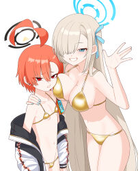  2girls absurdres ahoge asuna_(blue_archive) bare_arms bare_legs bare_shoulders bikini blue_archive blue_eyes blue_halo blue_nails blue_ribbon blush breasts cleavage collarbone fingernails gold_bikini grin groin hair_over_one_eye hair_ribbon halo highres huge_ahoge jacket large_breasts light_brown_hair long_hair looking_at_viewer manjuuumauma mole mole_on_breast multiple_girls nail_polish neru_(blue_archive) open_clothes open_jacket red_eyes red_hair ribbon short_hair simple_background small_breasts smile sukajan swimsuit white_background 
