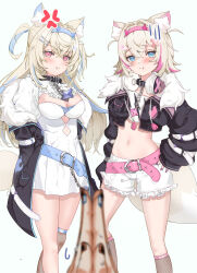  1other 2girls :t anger_vein animal_collar animal_ear_fluff animal_ears bandaid_hair_ornament belt black_collar black_jacket blonde_hair blue_belt blue_eyes blue_hair blue_hairband blurry blurry_foreground blush breasts chain chain_leash cleavage cleavage_cutout closed_mouth clothing_cutout collar colored_inner_animal_ears commentary crop_top cropped_jacket cropped_shirt crossed_bangs dog_ears dog_girl dog_tail dress english_commentary fake_horns fishnet_socks fishnets frilled_collar frilled_dress frilled_shorts frills frown fur-trimmed_jacket fur_trim fuwawa_abyssgard gloom_(expression) hair_between_eyes hair_intakes hair_ornament hairband hairclip hand_on_own_hip headphones headphones_around_neck highres hololive hololive_english horned_headwear horns jacket large_breasts leash long_hair long_sleeves looking_at_viewer midriff mococo_abyssgard multicolored_hair multiple_girls nail_polish navel off_shoulder pink_belt pink_hair pink_hairband pout pov puffy_long_sleeves puffy_sleeves red_eyes shirt short_shorts shorts siblings simple_background single_fishnet_legwear sisters skindentation socks standing steepled_fingers stomach streaked_hair tail takotobuta thighs twins two_side_up virtual_youtuber white_background white_dress white_shirt white_shorts x_hair_ornament 