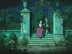 1boy 1girl anime_coloring black_socks blonde_hair clothes_lift commentary dress dress_lift english_commentary fence fireflies formal gate green_suit holding_hands kneehighs lorenzo_lanfranconi night night_sky original shadow shoes sky socks stairs standing suit thighhighs tree vegetation white_socks rating:Sensitive score:3 user:danbooru
