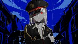  1girl 2others black_choker black_hat black_jacket black_nails blue_sky building choker cloud collarbone collared_shirt colored_skin commentary_request copyright_request dress_shirt grey_hair grey_shirt grey_skin hair_between_eyes hat holding holding_umbrella jacket lam_(ramdayo) long_hair looking_at_viewer military_hat multiple_others nail_polish outdoors parted_lips peaked_cap rain red_eyes shirt sky solo umbrella wet 