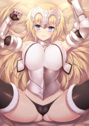  1girl armor arms_up black_panties blonde_hair blue_eyes breasts brown_thighhighs elbow_gloves fate/apocrypha fate/grand_order fate_(series) fuya_(tempupupu) gloves headpiece jeanne_d&#039;arc_(fate) jeanne_d&#039;arc_(ruler)_(fate) jeanne_d&#039;arc_(third_ascension)_(fate) large_breasts long_hair looking_at_viewer lying metal_gloves no_pants on_back open_mouth panties solo spread_legs thighhighs underwear very_long_hair  rating:Sensitive score:72 user:danbooru