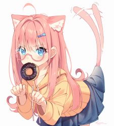  1girl ahoge animal_ears blue_eyes blue_skirt breasts cat_ears cat_tail commentary doughnut eyes_visible_through_hair food hair_ornament hairpin highres hood hoodie in_mouth kuri_(animejpholic) leaning_forward long_hair looking_at_viewer original paw_pose pink_hair pleated_skirt skirt small_breasts solo tail tail_wagging upper_body white_background yellow_hoodie 