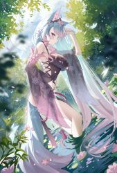  1girl animal_ear_fluff animal_ears ass beyumi black_kimono blue_eyes blue_hair breasts cross-laced_clothes detached_sleeves dress floral_print flower forest gradient_hair hair_flower hair_ornament highres japanese_clothes kimono large_breasts long_hair looking_at_viewer multicolored_hair nature off-shoulder_dress off_shoulder pink_hair rope silvervale silvervale_(sakura_goddess) solo tail tassel virtual_youtuber vshojo wading water wolf_ears wolf_girl wolf_tail  rating:Sensitive score:20 user:danbooru