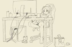  1girl bag barefoot can chair closed_mouth coffee_mug computer crumpled_paper cup denkirk frieren full_body gaming_chair long_hair monitor monochrome mug shirt shorts sitting sousou_no_frieren swivel_chair thick_eyebrows twintails 
