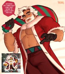  1boy absurdres arm_hair bara beard black_gloves blue_eyes chest_hair cookie_run eggnog_cookie facial_hair fur_trim gift_bag gloves helbai highres large_pectorals looking_at_viewer male_focus mature_male muscular muscular_male mustache open_clothes open_mouth paid_reward_available pectorals santa_costume smile solo thick_eyebrows white_hair  rating:Sensitive score:3 user:danbooru