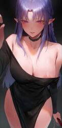  1girl absurdres bare_shoulders blue_hair blush braid breasts cleavage dress fate/stay_night fate_(series) highres large_breasts long_hair long_sleeves looking_at_viewer medea_(fate) parted_bangs pointy_ears purple_eyes rororo side_braid smile solo  rating:Questionable score:44 user:danbooru