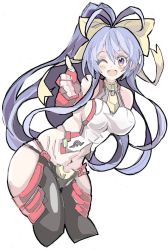  1girl blazblue blazblue:_central_fiction blazblue_variable_heart blue_hair breasts empe0317 enpe hair_ribbon highres large_breasts mai_natsume purple_eyes purple_hair ribbon sideboob solo stomach tagme thighs thumbs_up wink  rating:Questionable score:12 user:Juwvia