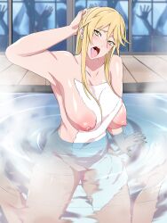  absurdres artist_request bathing between_breasts blonde_hair breasts earrings female_focus highres highschool_of_the_dead jewelry large_breasts long_hair looking_at_viewer marikawa_shizuka nude onsen tongue tongue_out towel yellow_eyes zombie  rating:Explicit score:61 user:anonymoususer64