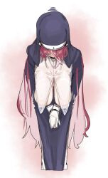  1girl black_dress bowing breasts covered_erect_nipples cross dress habit hands_on_lap hanging_breasts highres hololive houshou_marine houshou_marine_(nun) large_breasts leebo_(leeboxxx) long_hair red_hair sagging_breasts virtual_youtuber 