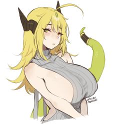 1girl :t ahoge blonde_hair blush breasts closed_mouth green_eyes grey_sweater horns huge_breasts lamia looking_at_viewer meme_attire monster_girl original pout ribbed_sweater sleeveless sleeveless_sweater snek_(terupancake) solo sweater terupancake twitter_username v_arms virgin_killer_sweater rating:Sensitive score:46 user:danbooru