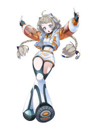  1girl :o ahoge android arms_up belt black_gloves blue_eyes boots braid crossed_legs dot_nose fingerless_gloves full_body galgaal4846 gloves grey_hair highres jacket joints layered_clothes layered_sleeves long_hair long_sleeves open_clothes open_jacket open_mouth orange_belt orange_sleeves orange_trim pointing pointing_up raised_eyebrows robot_joints see-through see-through_sleeves shirt shoe_soles shorts simple_background sleeve_cuffs small_horns solo standing strap teeth thigh_boots thighhighs twin_braids upper_teeth_only waktaverse white_background white_footwear white_jacket white_shirt white_shorts wing_collar 
