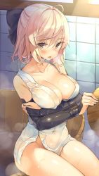  arm_guards bathtub blush bow breast_hold breasts brown_eyes cleavage collarbone covered_navel cowboy_shot elbow_gloves fate_(series) fingerless_gloves gloves hair_bow half_updo hand_on_own_arm highres indoors koha-ace large_breasts mirei okita_souji_(fate) okita_souji_(koha-ace) parted_lips pink_hair see-through shirt short_hair sitting solo steam sunlight tile_wall tiles wet wet_clothes wet_shirt  rating:Questionable score:17 user:danbooru