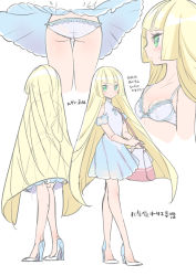  1girl aged_up alternate_costume ass bag bare_shoulders blonde_hair blue_bra blue_dress blue_panties blush bra breasts chorimokki clothes_lift creatures_(company) cropped_legs dress dress_lift female_focus from_behind full_body game_freak green_eyes high_heels japanese_text lace lace-trimmed_bra lace-trimmed_panties lace_trim lillie_(pokemon) long_hair looking_at_viewer multiple_views nintendo panties poke_ball_symbol pokemon pokemon_sm profile shoes short_sleeves simple_background small_breasts standing sweat translated underwear very_long_hair white_background wind wind_lift  rating:Sensitive score:62 user:AngryZapdos