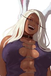 1girl :d abs animal_ears artist_name bare_shoulders black_choker boku_no_hero_academia breasts chain choker collarbone commentary covered_erect_nipples dark-skinned_female dark_skin english_commentary highres large_breasts long_eyelashes long_hair looking_at_viewer mirko open_mouth parted_bangs rabbit_ears rabbit_girl red_eyes shibarinsfw shirt sleeveless sleeveless_shirt smile solo teeth toned_female upper_body white_background white_hair