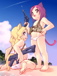  2girls animal_ears ass assault_rifle barefoot beach bikini blonde_hair blue_eyes brown_eyes cat_ears cat_girl cat_shop cat_tail commentary_request day feet gun handgun holding holding_gun holding_weapon load_bearing_equipment loli looking_at_viewer looking_back multiple_girls original outdoors pink_hair revolver rifle sig_sg550 sitting sky standing swimsuit tail topless wariza weapon weapon_request webley_revolver white_bikini 