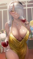  1girl alcohol black_hairband black_nails blurry blurry_background braid breasts commission cowboy_shot cup dress drinking_glass earrings evening_gown glasses grey_hair hair_over_one_eye hair_over_shoulder hairband highres holding holding_cup jewelry large_breasts long_hair mole mole_on_breast mole_under_mouth necklace open_mouth original pelvic_curtain plunging_neckline red_wine revealing_clothes round_eyewear rushian skeb_commission smile solo_focus spill tan wine wine_glass yellow_eyes 