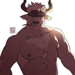 1boy abs absurdres animal_ears bara brown_theme camouflage camouflage_headwear chest_hair completely_nude cow_ears cow_horns dilukha_(nyaalgebra) furry furry_male headband highres horns large_pectorals male_focus minotaur mint monochrome muscular muscular_male nipples nude pectorals shennong_(housamo) short_hair smile solo tokyo_houkago_summoners upper_body white_background rating:Sensitive score:2 user:danbooru