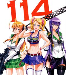 1boy 3girls absurdres antenna_hair armpits belt black_legwear blonde_hair blood blue_eyes bracelet breasts brown_hair busujima_saeko chainsaw cheerleader cleavage clothes_writing couple crop_top crossover garter_straps grasshopper_manufacture gun hand_on_own_hip highres highschool_of_the_dead huge_filesize jewelry juliet_starling katana lace lace-trimmed_legwear lace_trim lollipop_chainsaw long_hair midriff miniskirt miyamoto_rei multiple_girls nail_polish necktie nick_carlyle official_art open_mouth pink_nails purple_hair red_eyes rifle satou_shouji school_uniform scope scrunchie severed_head shirt skirt smile standing sword taut_clothes taut_shirt thighhighs twintails watch weapon white_legwear wristband wristwatch rating:Sensitive score:125 user:arutos