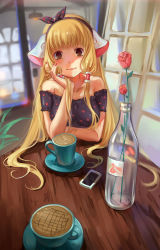  1girl bare_shoulders blonde_hair blurry bottle brown_eyes cafe cellphone chii chobits closed_mouth coffee coffee_cup coffee_mug cup depth_of_field disposable_cup duximeng flower hair_tubes hairband head_rest heart heart_print highres indoors latte_art long_hair mug nail_polish phone pov pov_across_table red_flower red_rose robot_ears rose smartphone smile solo table very_long_hair  rating:Sensitive score:6 user:danbooru