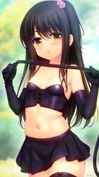  1girl :o adachi_tenka bare_shoulders bdsm black_gloves black_hair black_skirt black_thighhighs blurry blurry_background blush breasts brown_eyes bustier cowboy_shot crop_top cube_hair_ornament dominatrix elbow_gloves gloves hair_ornament hands_up highres holding holding_whip irori_(irorixc) long_hair looking_at_viewer midriff miniskirt navel one_side_up open_mouth outdoors pleated_skirt shoujo_ramune sidelocks skindentation skirt small_breasts solo spaghetti_strap stomach straight_hair swept_bangs thighhighs twitter_username v-shaped_eyebrows whip  rating:Sensitive score:65 user:Sir_Cumalot