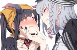  2girls black_hair black_horns black_nails blue_archive blush bow braid closed_mouth csham eye_contact fingernails from_side fuuka_(blue_archive) grey_hair hair_bow hand_on_another&#039;s_chin hands_up haruna_(blue_archive) head_scarf highres horns long_fingernails long_hair long_sleeves looking_at_another multiple_girls nose_blush open_mouth pink_bow red_eyes simple_background smile white_background yuri  rating:General score:11 user:danbooru