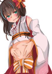  1girl alternate_costume alternate_hairstyle belly belly_grab blue_eyes blush brown_hair detached_sleeves full_body gohei hair_ribbon highres hololive long_sleeves natsuiro_matsuri nontraditional_miko ribbon seductive_smile smile solo tagme virtual_youtuber  rating:Questionable score:8 user:Tsuntva